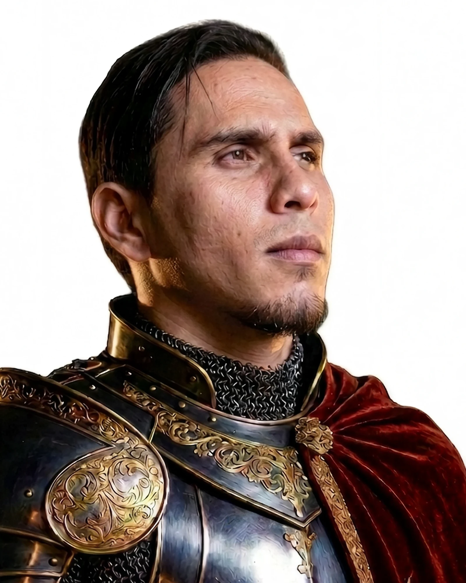 Faiq Aiman Razali, in a burnished cuirass and a deep red cloak, looking off to his left.