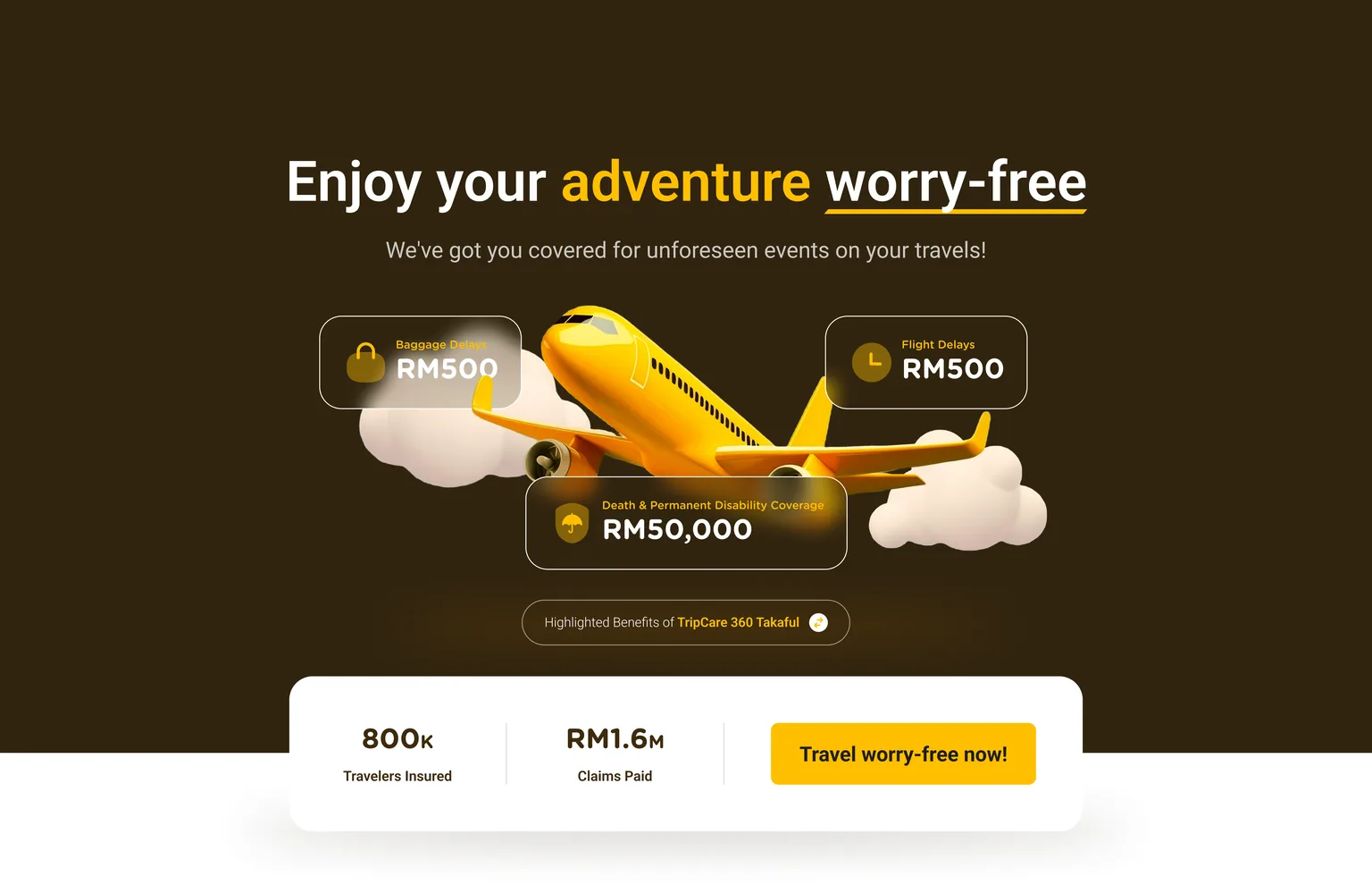 The redesigned Etiqa travel landing page: a headline reading "Enjoy your adventure worry-free", three floating cards showing baggage delay, flight delay and death and permanent disability amounts, and a trust bar above the call to action.