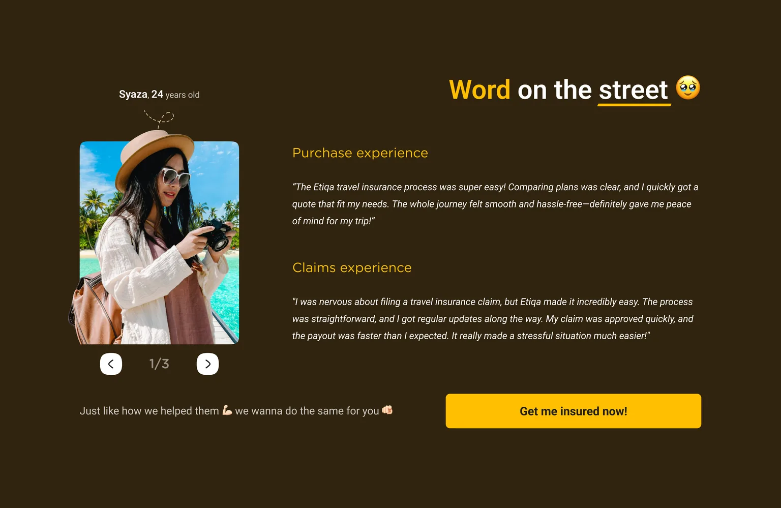 A testimonial from a named traveller, quoted separately on her purchase experience and her claims experience, beside her photograph and a carousel counter.