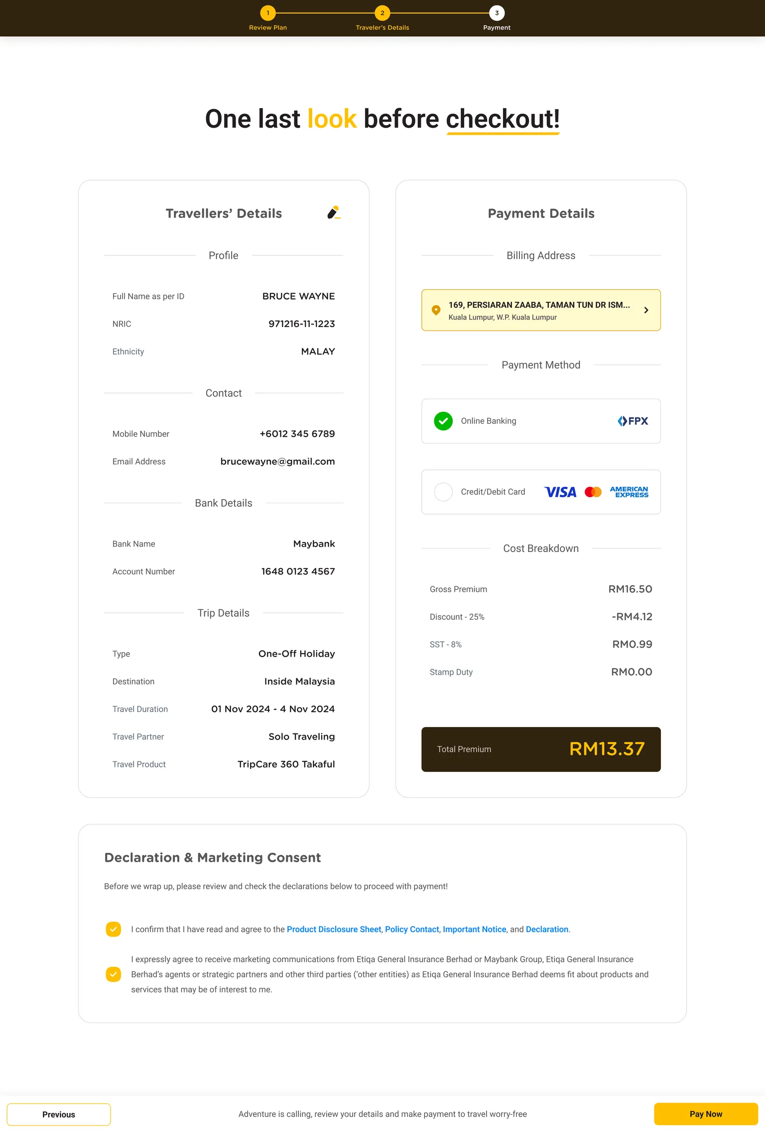 The payment review: the traveller’s details grouped by purpose on the left, billing address, payment methods and a full cost breakdown on the right, and the declarations below.