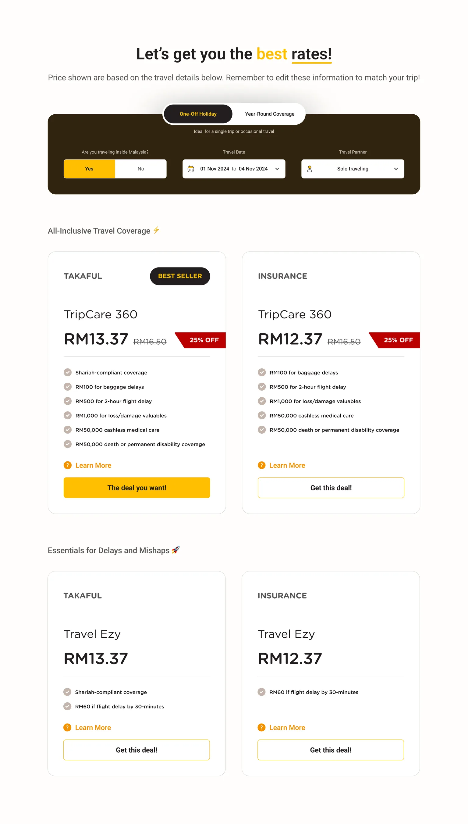 The pricing block: a three-field trip form above two product cards, Takaful and Insurance, each showing a discounted price and its benefit list, with a second pair of cheaper plans below.