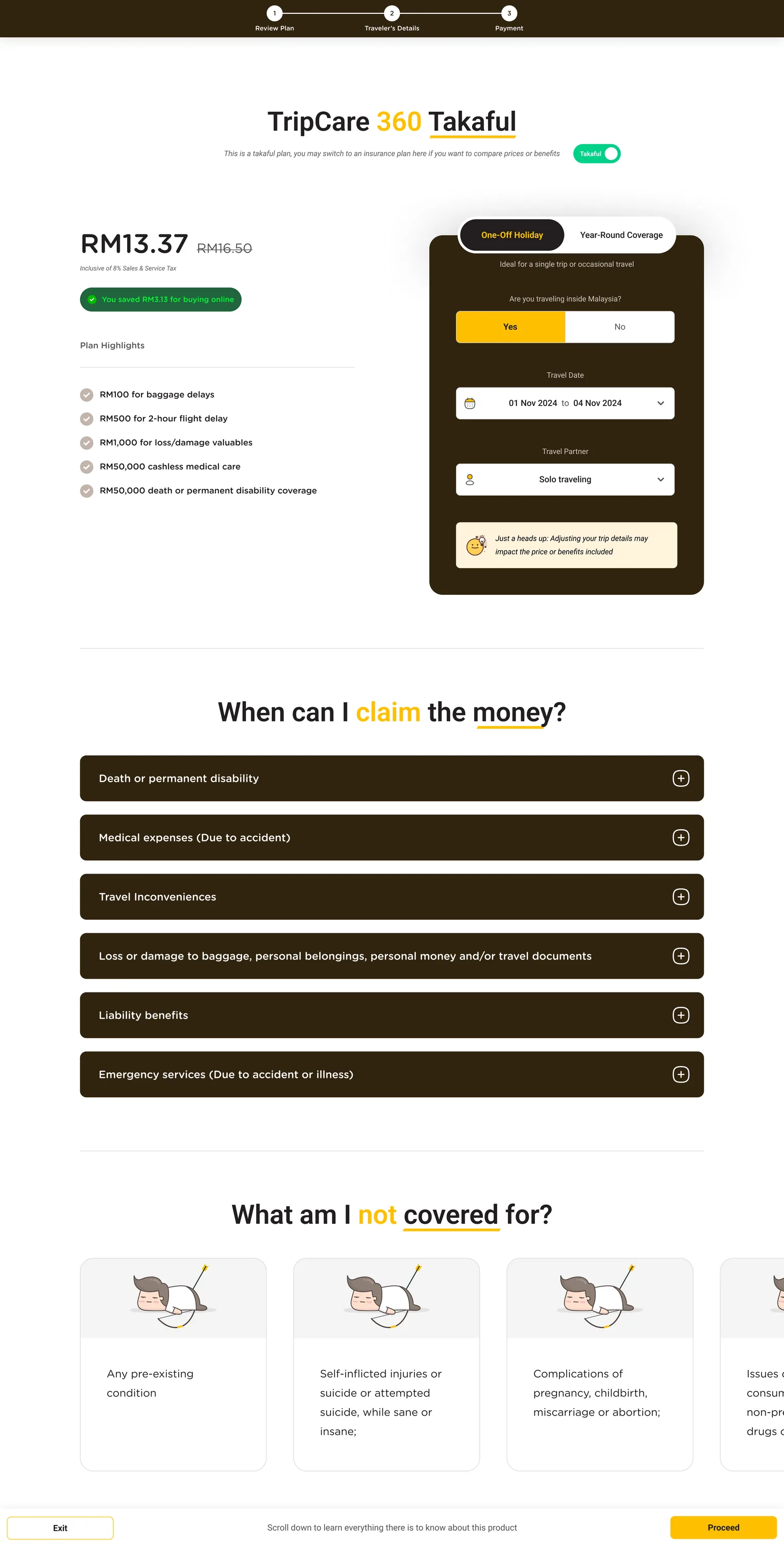 The Review Plan screen: a three-step stepper, the plan price and highlights, the trip form repeated for editing, an accordion headed "When can I claim the money?" and illustrated exclusion cards.