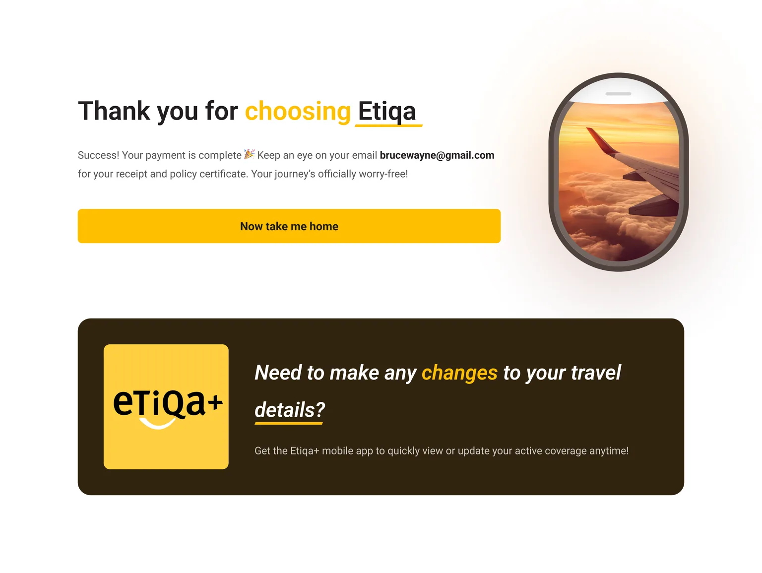 The confirmation screen: a thank-you headline, the email the certificate is going to, an aircraft window looking out over cloud at sunset, and a panel offering the Etiqa+ app.
