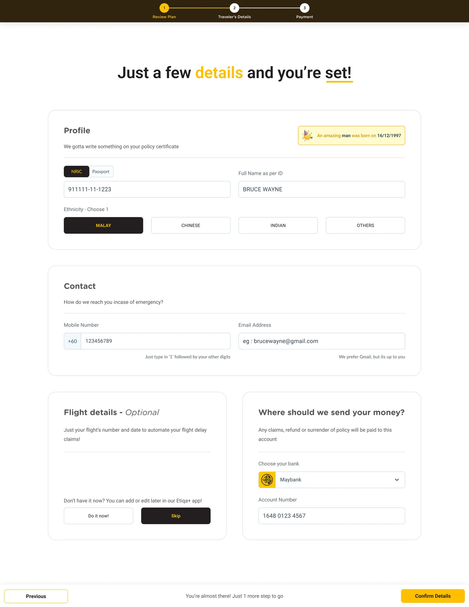 The traveller form split into Profile, Contact, optional Flight details and bank details, with the date of birth derived from the NRIC and shown as a chip, and ethnicity offered as four visible buttons.