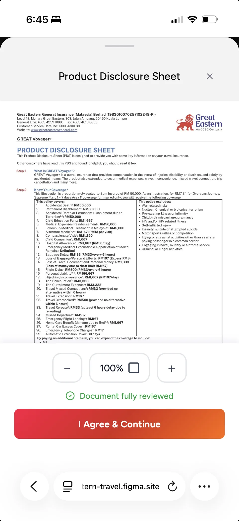 The Product Disclosure Sheet opened as a bottom sheet over the journey, with zoom controls at 100 per cent, a green line reading Document fully reviewed, and an active I Agree and Continue button.