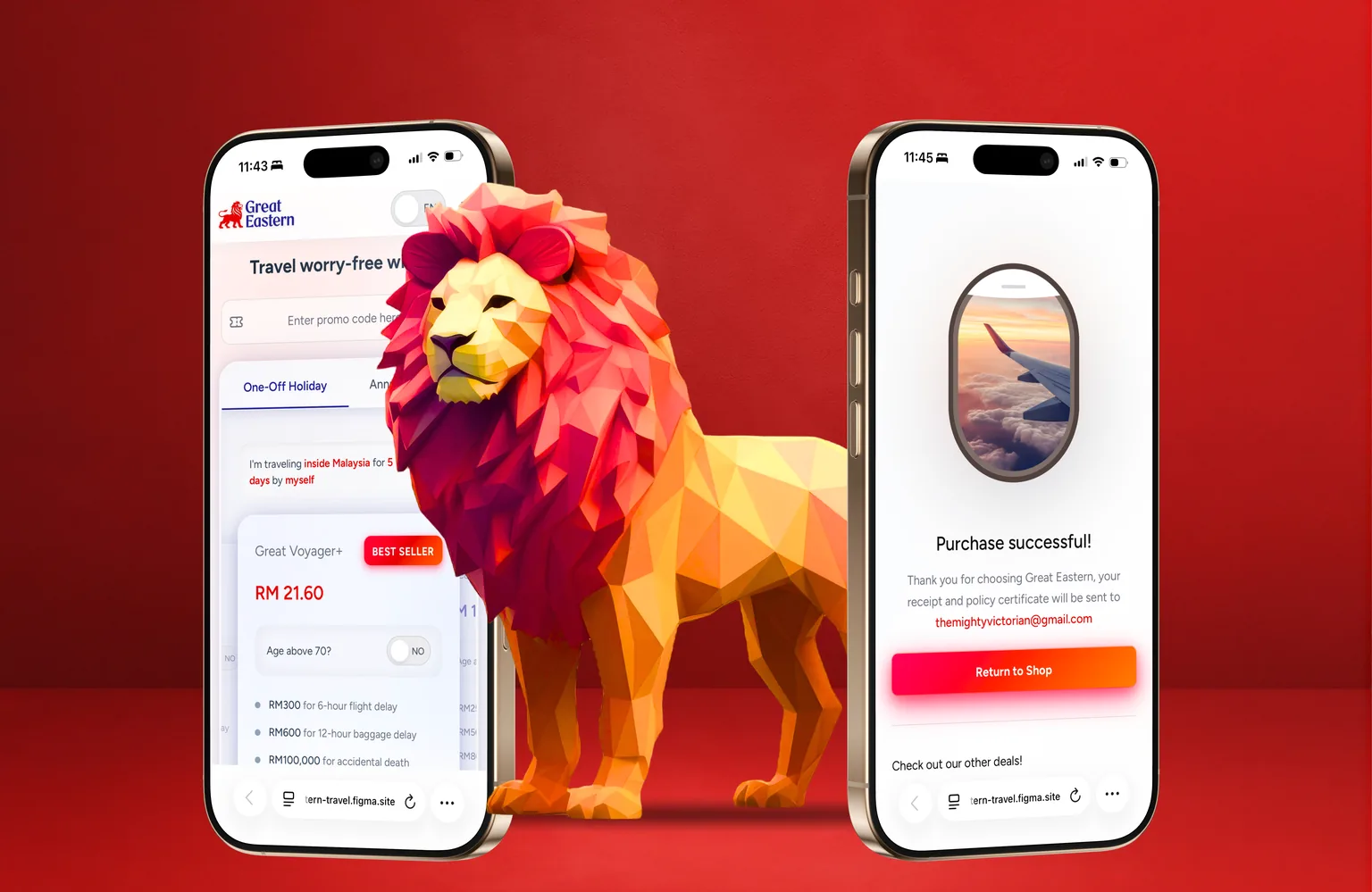 Two phones against a red ground with a low-poly lion between them. The left screen shows the premium calculator with a plan priced at RM21.60 and its benefit amounts; the right shows the purchase confirmation.