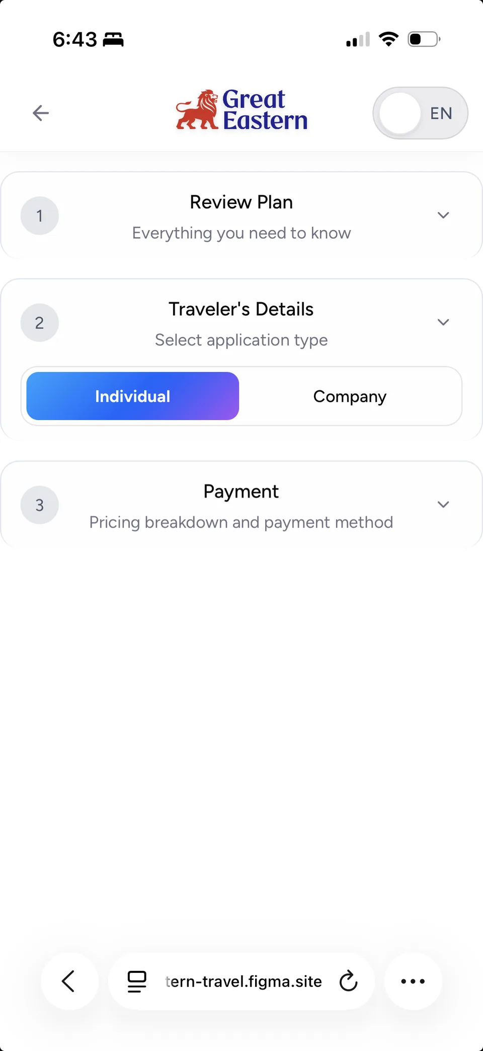 The purchase journey as one page: three numbered accordion sections headed Review Plan, Traveler’s Details and Payment, with the second expanded to an Individual and Company choice.