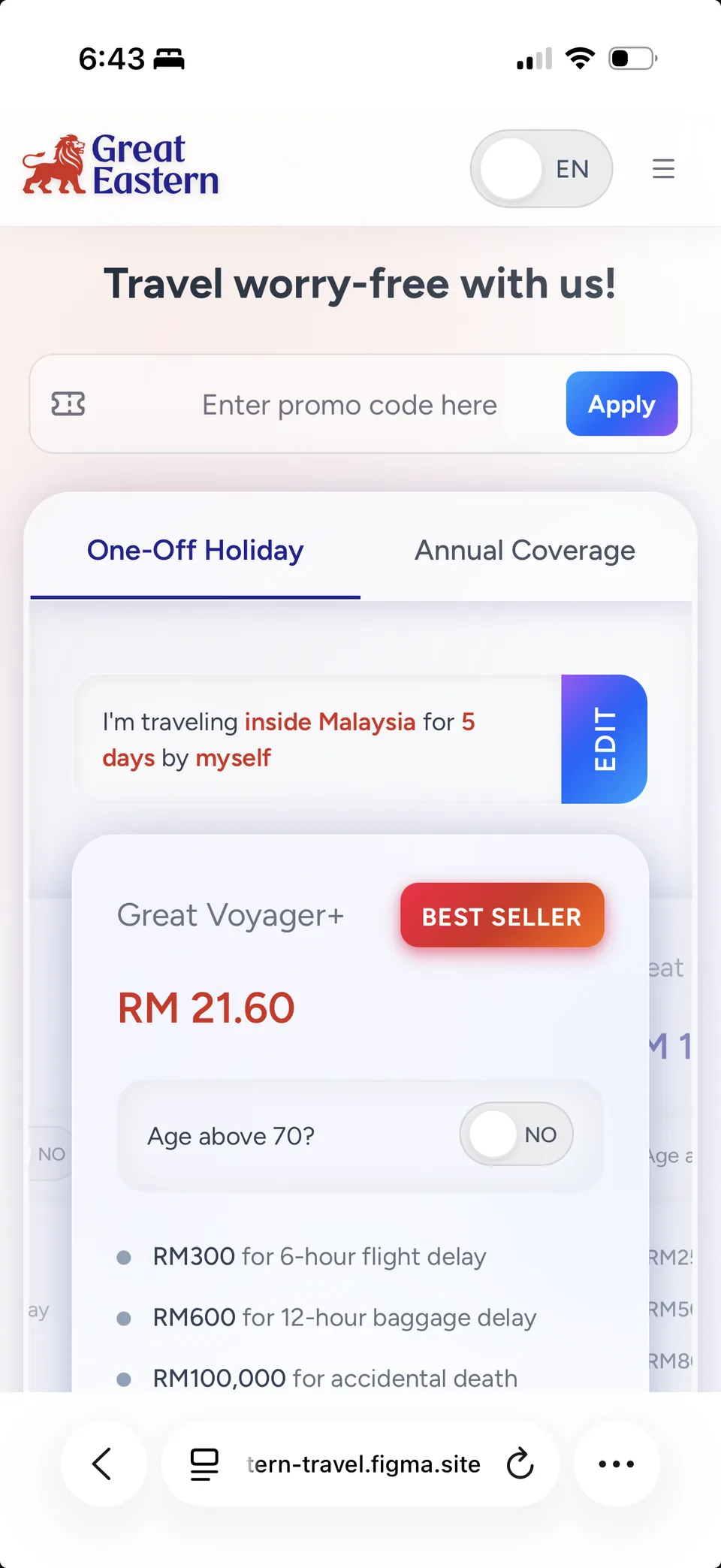 The redesigned Great Eastern landing screen: a promo code field above One-Off Holiday and Annual Coverage tabs, an editable one-line summary of the trip, and the Great Voyager+ card marked Best Seller showing RM 21.60 with its payout amounts listed.