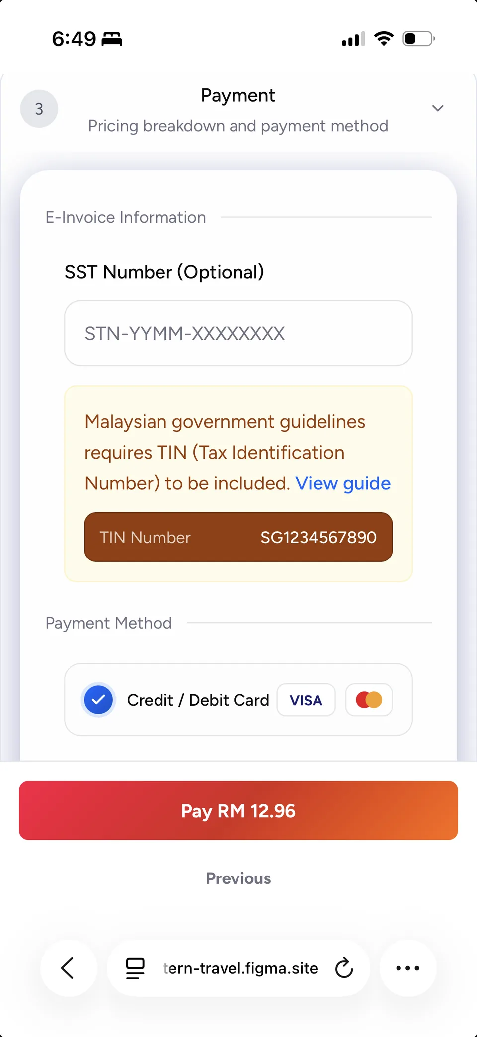 The payment step: an optional SST number field, a panel explaining that Malaysian government guidelines require a TIN with a View guide link and the TIN shown, card payment selected with Visa and Mastercard marks, and a Pay RM 12.96 button anchored to the foot of the screen.