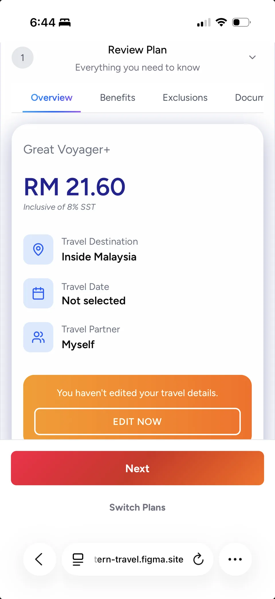The Review Plan step: Overview, Benefits, Exclusions and Documents tabs above the plan price of RM 21.60 inclusive of 8% SST, the destination, date and travel partner, and an orange panel warning that travel details have not been edited.