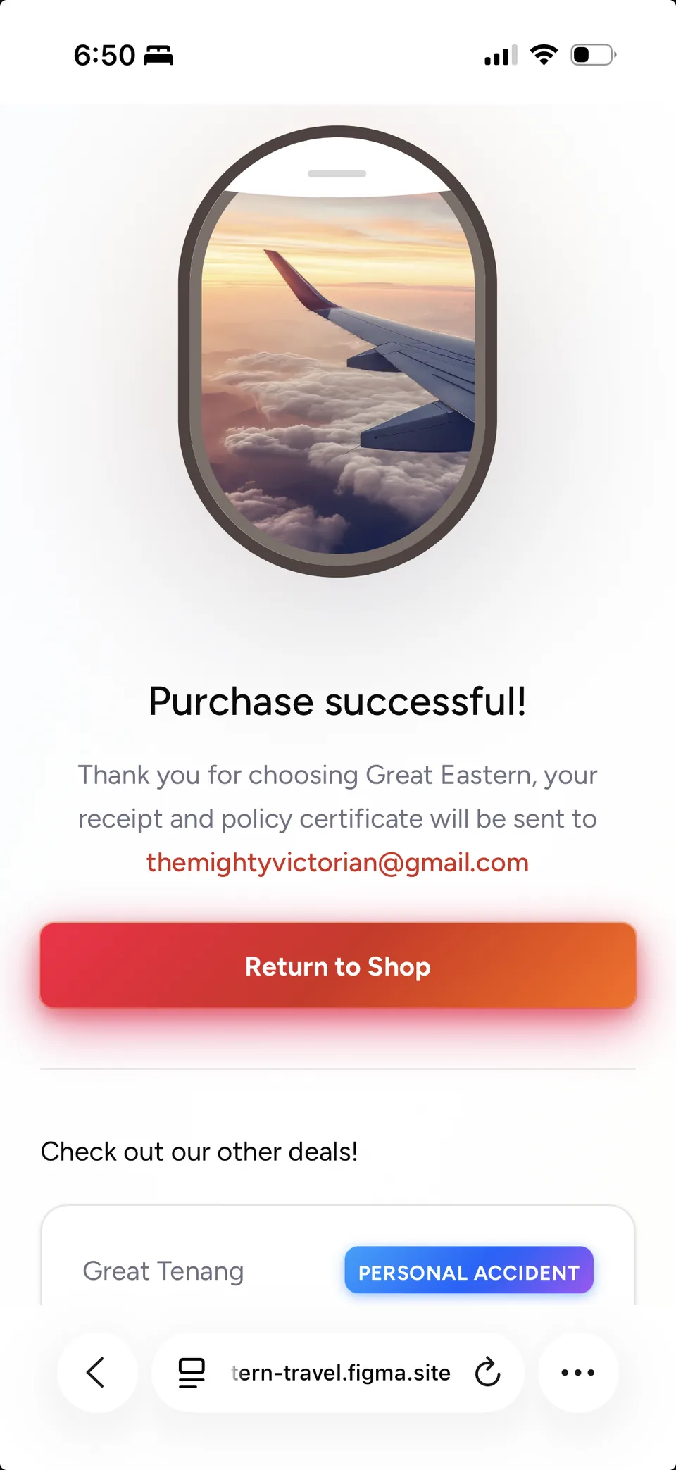 The confirmation screen: an aircraft wing seen through a cabin window above the words Purchase successful, a line stating the receipt and policy certificate will be sent to the buyer’s email address, a Return to Shop button, and the first of a row of other products below.
