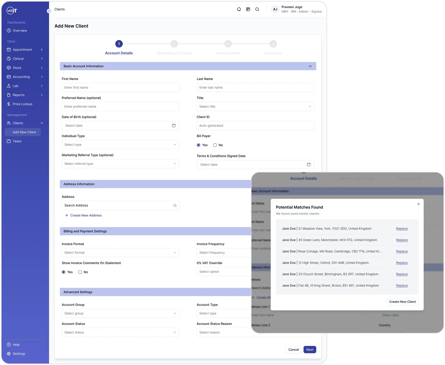 The redesigned Add New Client page: a four step bar reading Account Details, Marketing and Privacy, Animal Details and Insurance, with the form split into Basic Account Information, Address Information, Billing and Payment Settings and Advanced Settings. A second window in front shows a Potential Matches Found dialogue listing six similar clients, each with a Replace link.
