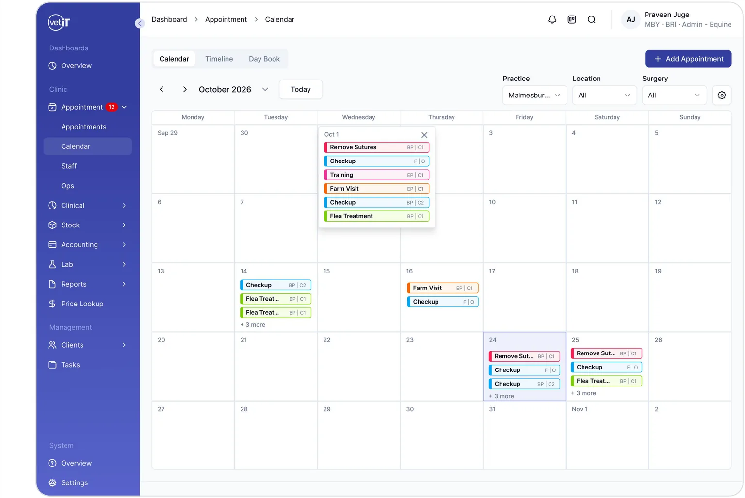 The redesigned appointment calendar: three tabs reading Calendar, Timeline and Day Book, an Add Appointment button, a Today button, and Practice, Location and Surgery filters sitting in the page rather than behind a popup. One month is drawn as a single grid of coloured appointment chips, with a day popover open on the first of October.