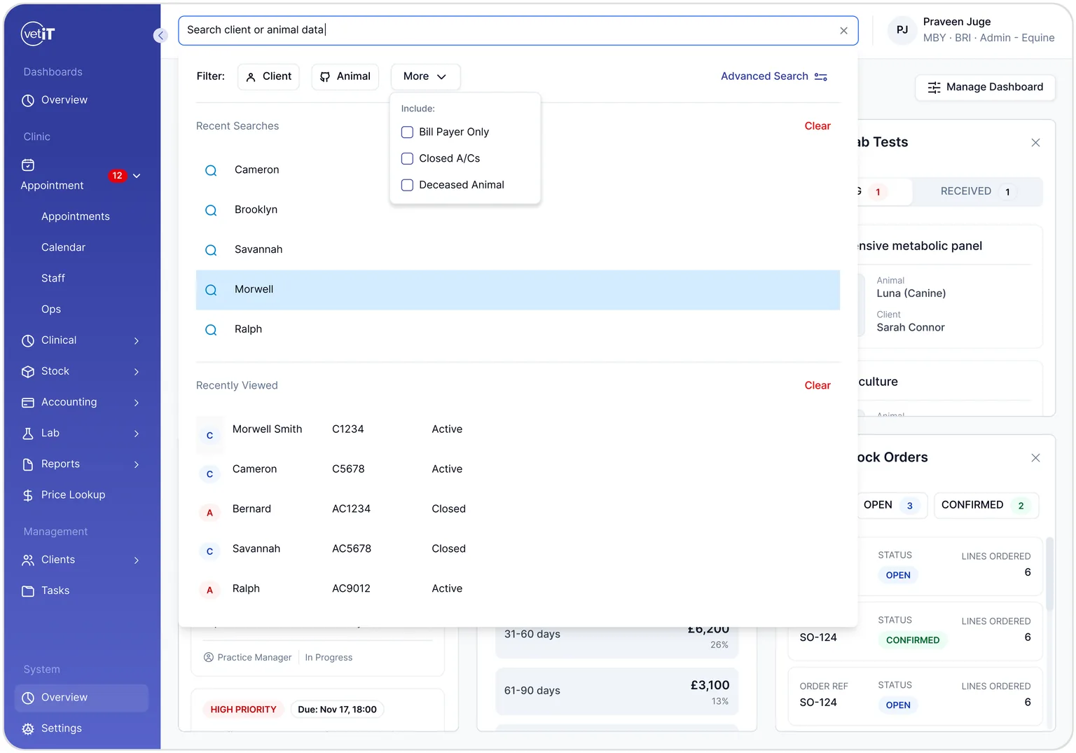 The redesigned search: a full width Search client or animal data field over a panel with Client and Animal filter chips, a More dropdown holding the three Include checkboxes, and an Advanced Search link at the right. Below it five recent searches and five recently viewed records, each list with a single Clear control.