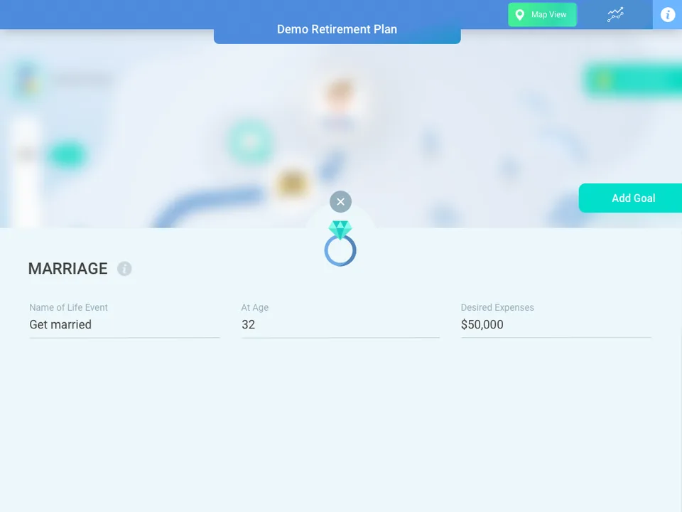A Marriage modal over the blurred roadmap, asking for the name of the life event, the age it happens at and the desired expenses, here Get married at 32 costing $50,000.