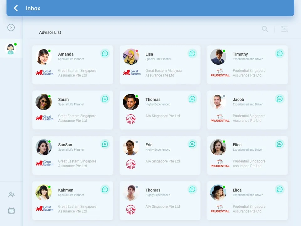 The advisor list inside the Inbox module: a grid of twelve advisor cards, each with a photograph, name, title, the logo of the insurer they represent and a chat icon.