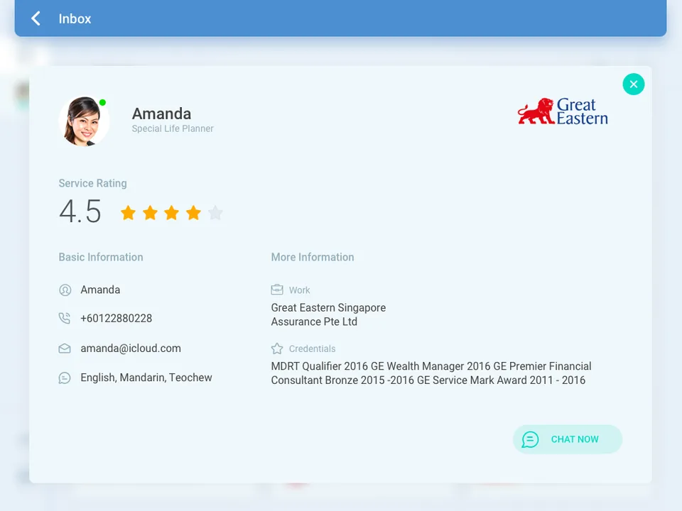 An advisor profile: a service rating of 4.5 out of 5 in stars, phone, email and languages spoken listed as English, Mandarin and Teochew, the insurer she works for, her dated credentials, and a Chat Now button.