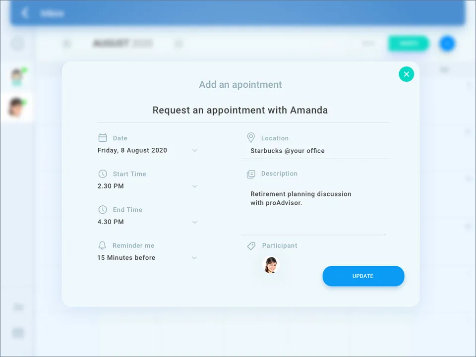 An Add an appointment sheet headed Request an appointment with Amanda, holding the date, start and end time, a location of Starbucks at your office, a description reading retirement planning discussion, a reminder set to 15 minutes before, and the participant.