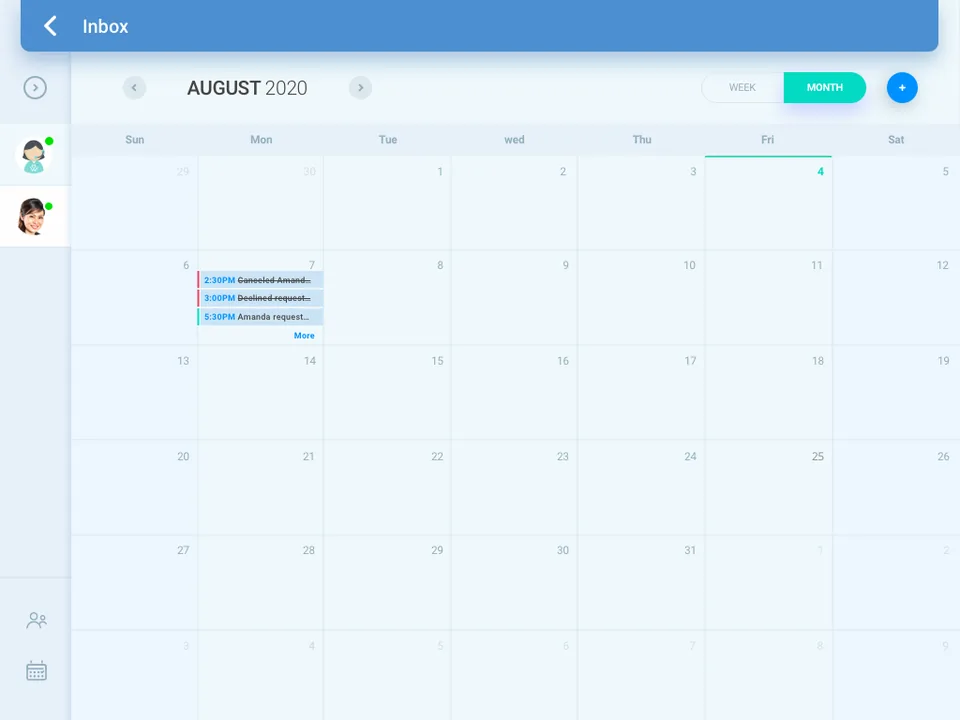 The built-in calendar on a month view of August 2020, with three appointments stacked on one day, a Week and Month toggle, and a control to add another.