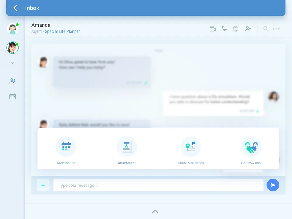 The chat composer expanded over the thread to show four options: Meeting Up, Attachment, Share Simulation and Co-Browsing.