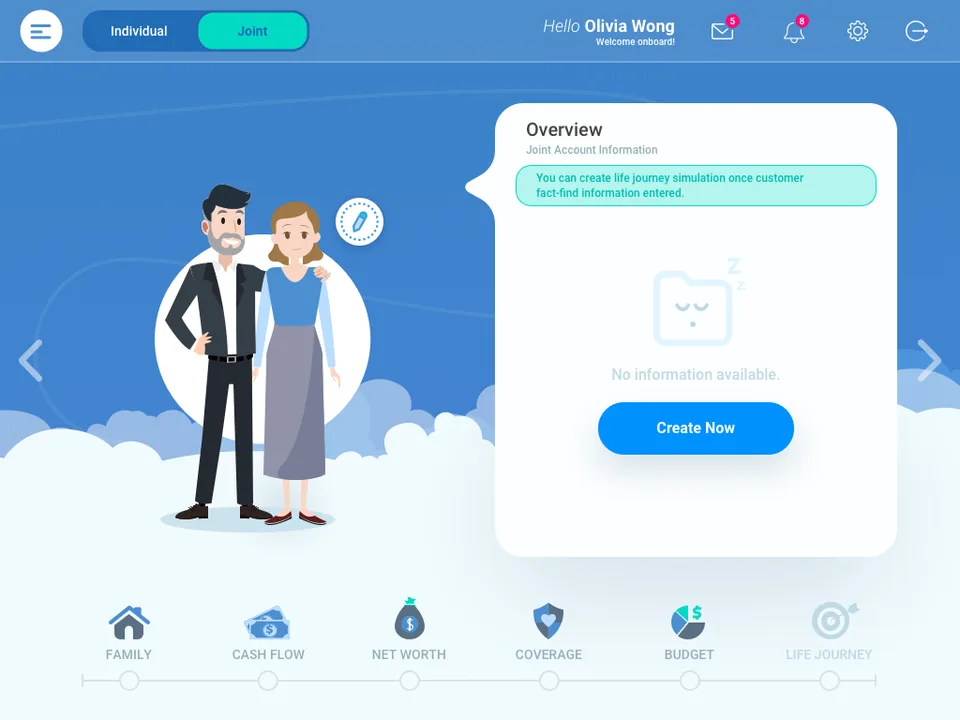 The dashboard on first sign-in: an illustrated couple on a blue ground, an Overview card reading “No information available” above a Create Now button, and a six-step rail along the foot for family, cash flow, net worth, coverage, budget and life journey.
