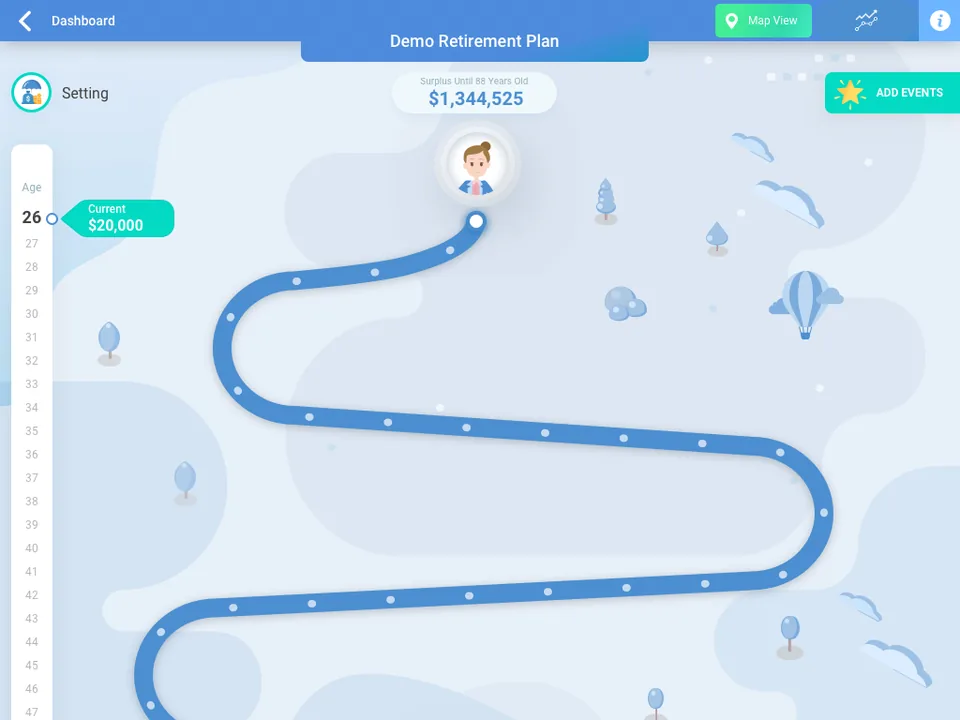 A winding blue road across a soft illustrated landscape with an age ruler down the left starting at 26, a current balance of $20,000, and an Add Events button in the corner.