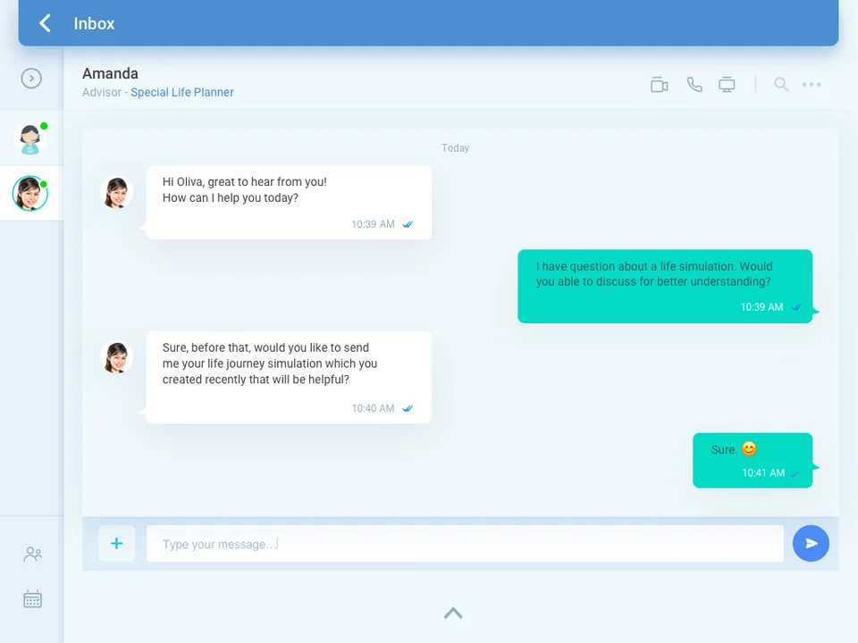 A chat thread with an advisor: her messages on the left and the customer’s on the right, each timestamped and ticked as read, above a message composer with an attachment control.