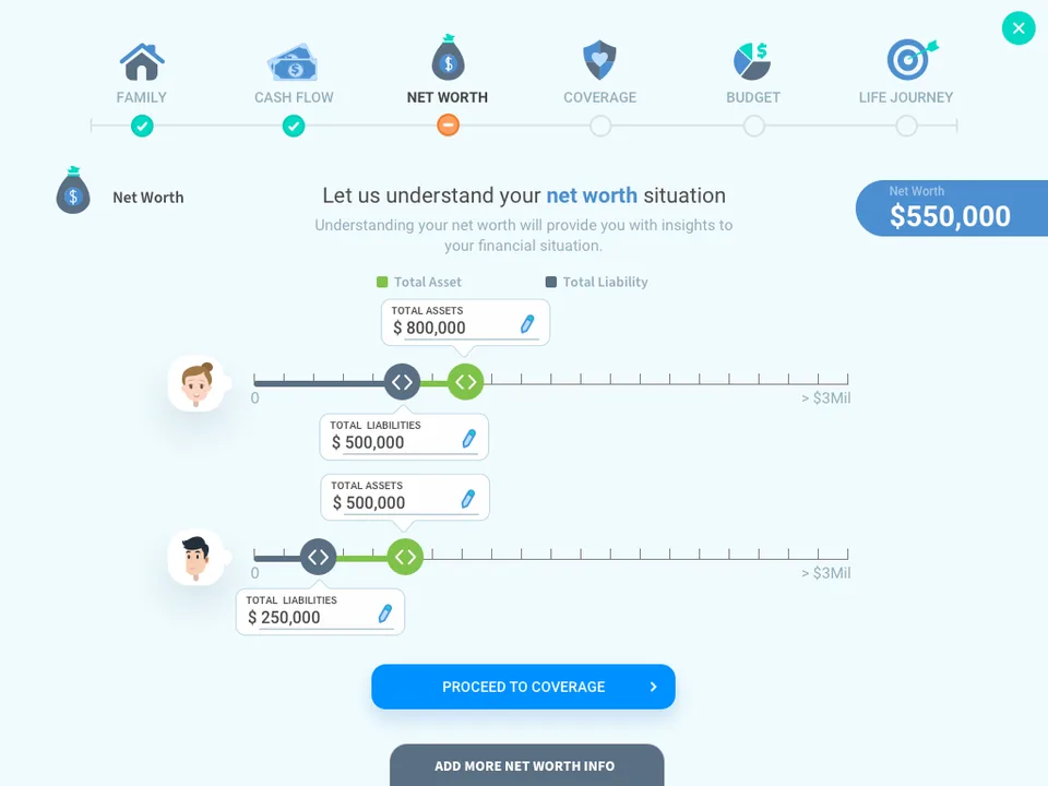 The Net Worth section: the same paired-slider pattern applied to total assets and total liabilities for two members, with a net worth of $550,000 in the corner.