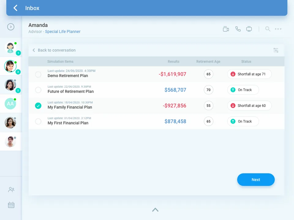 The share sheet inside the chat: four saved simulations listed with their result, retirement age and a status of On Track or Shortfall at a given age, one of them ticked, above a Next button.
