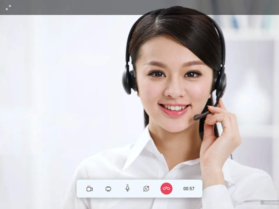 The in-app video call: the advisor on camera wearing a headset, filling the frame, with the same control bar and timer beneath her.