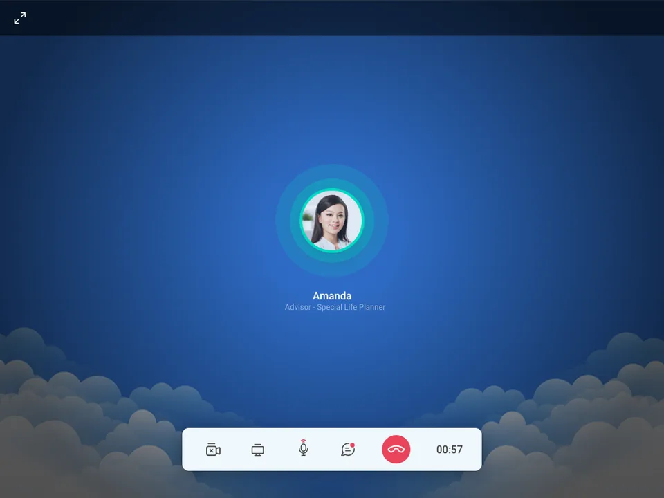 The in-app voice call: the advisor’s photograph ringed in green on a dark blue ground above illustrated clouds, with camera, screen share, mute, chat and hang-up controls and a timer reading 00:57.